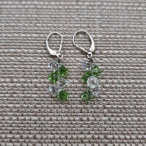 Sterling Silver Clear And Green Crystal Handmade Earrings A2270